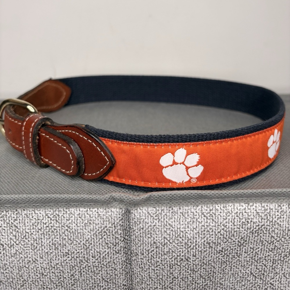 CLEMSON TIGERS Canvas Leather Belt Orange Solid Brass Buckle Boys Size 22 L 30